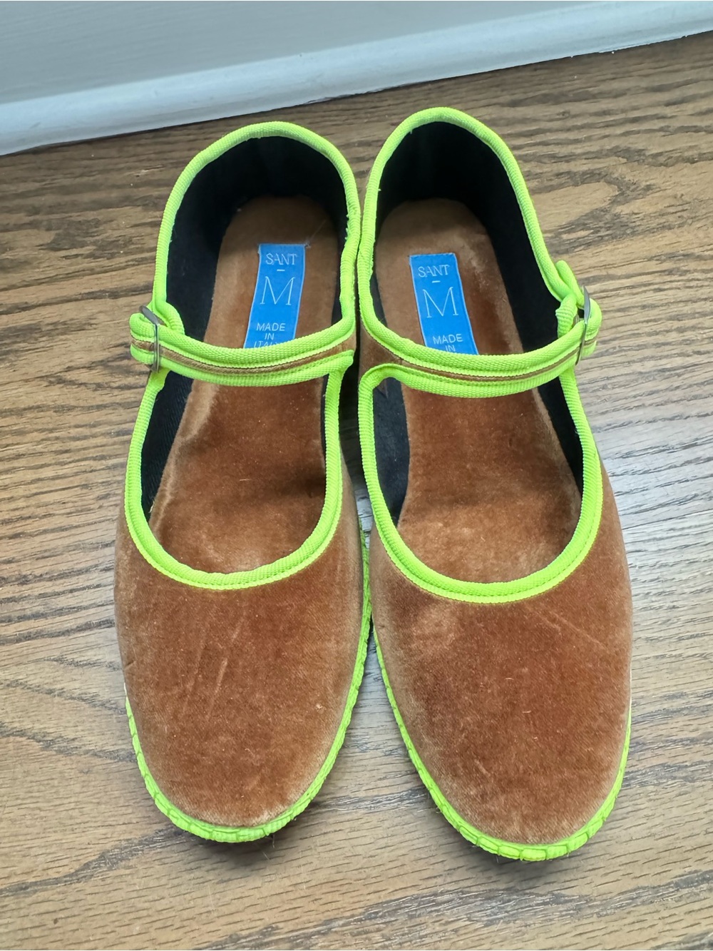 Brown Velvet Mary Jane Flats with Neon Trim